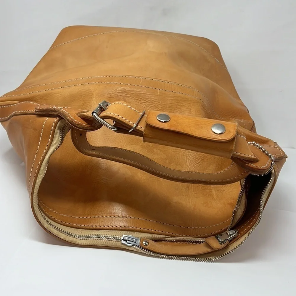 Large Tall Belting Leather Zip Tongue Groove Closure Hand Crossbody Bucket Bag